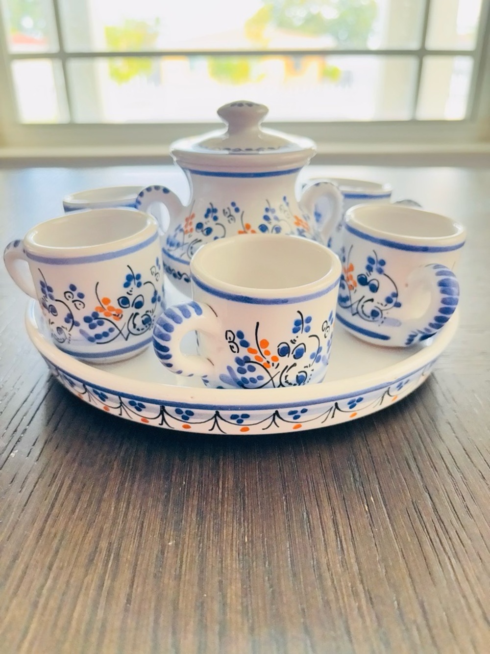 Blue White Demitasse Espresso Set Tray Cups Sugar Bowl European Style - Picture 2 of 9